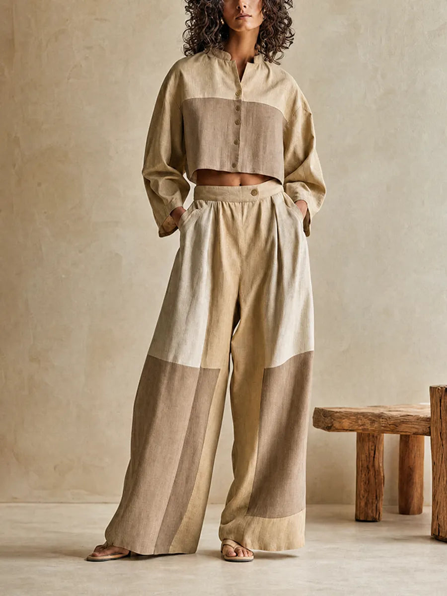 Women's Relax Vacation Khaki Color Block Stand Collar Long Sleeve Cropped Top & Wide Leg Pants Set MDZ0642G5Q