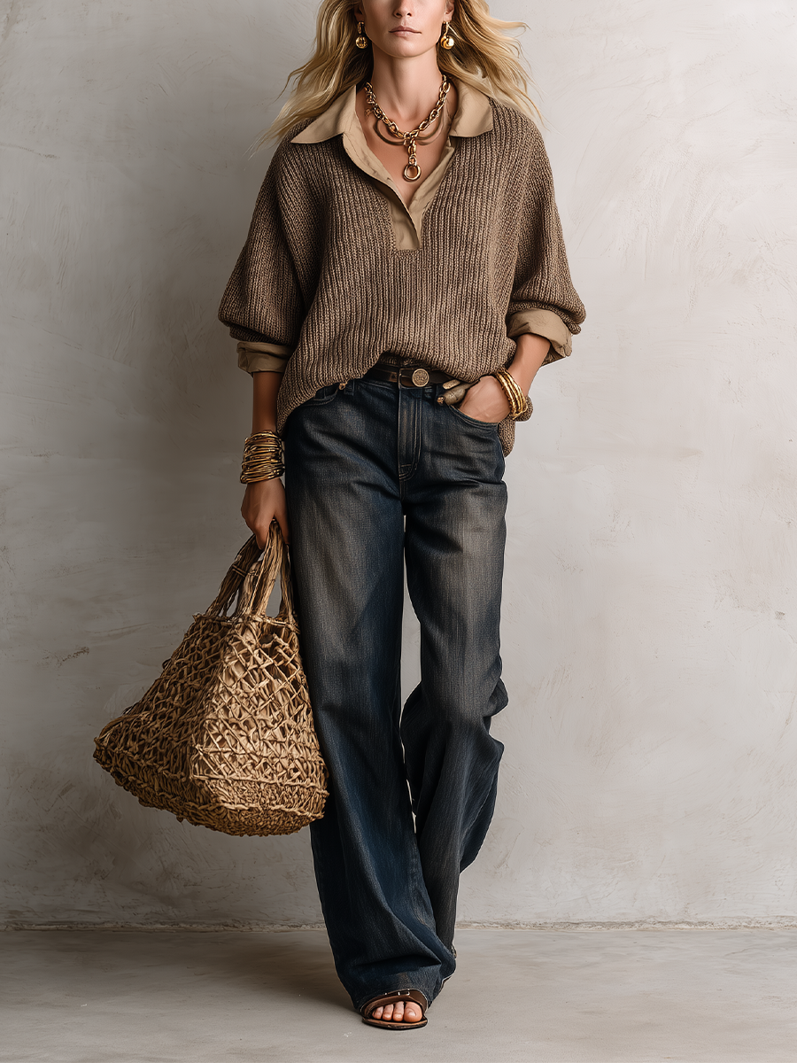 Relaxed Luxe Collared V-Neck Textured Knit Sweater Top