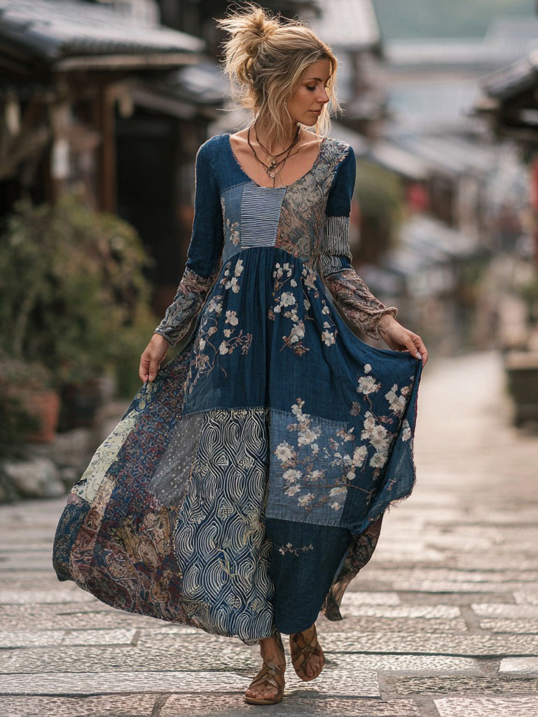 Women's Japanese-style Floral Print Casual Long-sleeved Round-neck Dress