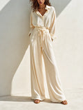 Women's Resort-Style Off-white Collared Long-Sleeve Shirt & Belted High-Waisted Wide-Leg Pants Crinkle-Texture Set MDZ1483G8CMX