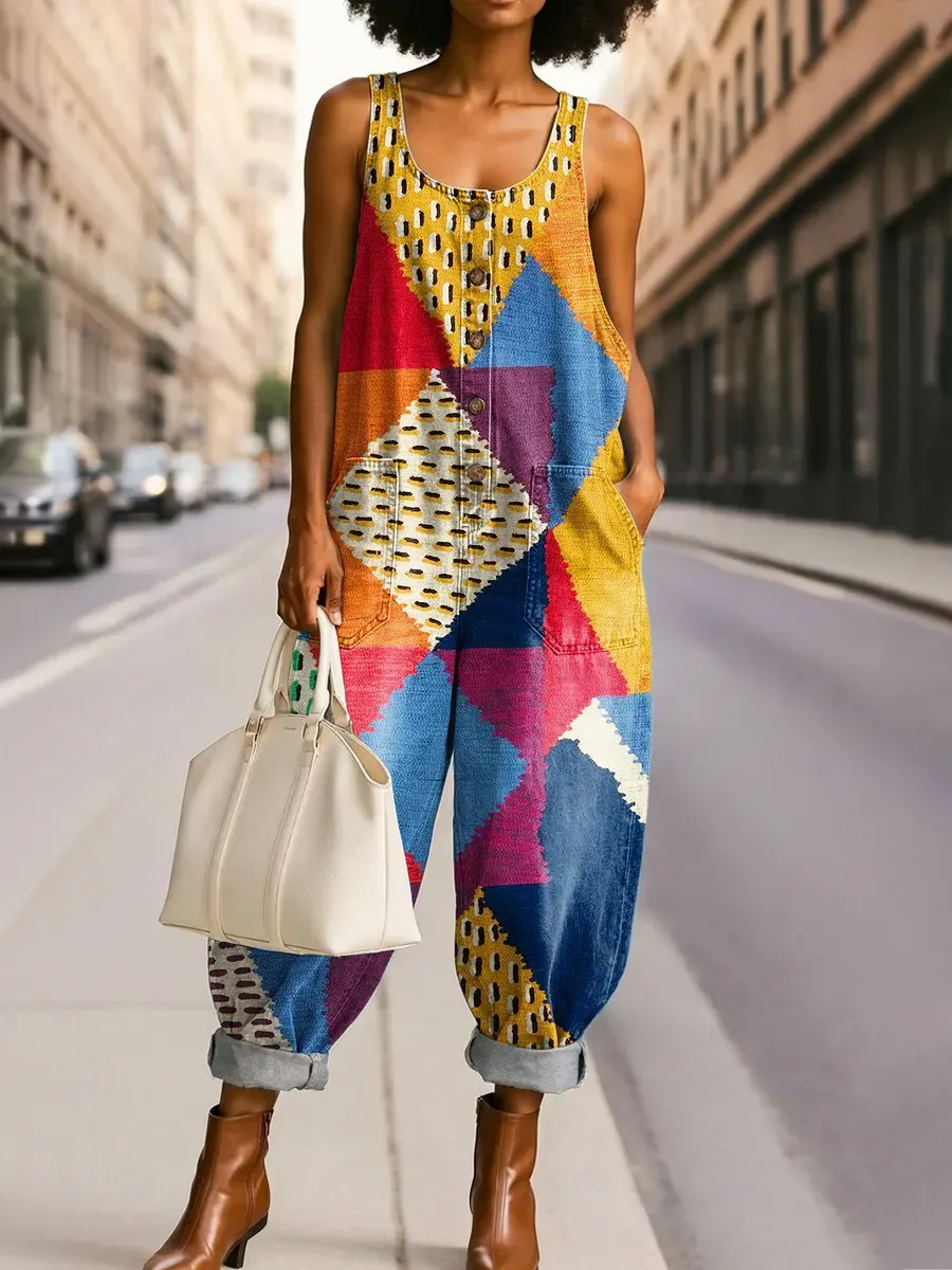 Women's Colorful Abstract Block Art Print Casual Jumpsuit