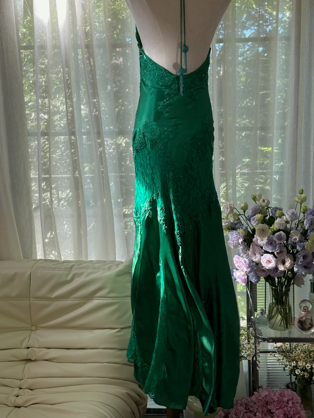 Green Gorgeous Shiny Fashion Elegant Delicate Lace Beading Long Satin Chiffon Fairy Ball Gown Evening Dress Birthday/Wedding Guest/Holiday Party Dress Prom Dress Valentine's Day Date Dress 4037