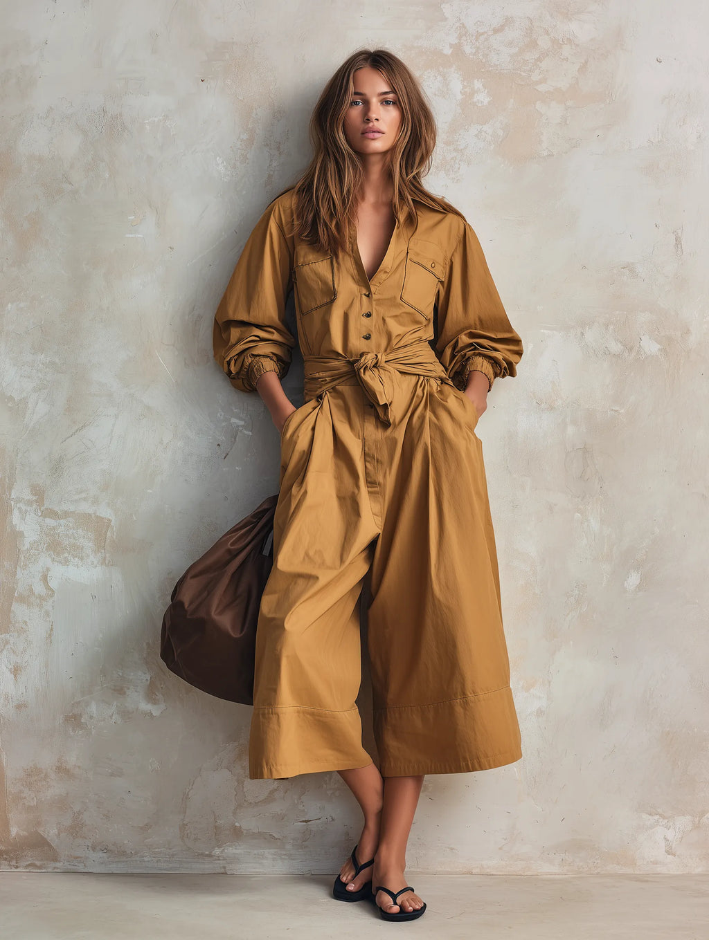 Women's Casual Khaki Woven Long-sleeve Cropped Jumpsuit MDZ0967G1LXY
