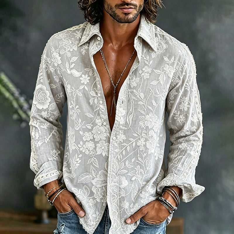 Men's Vintage Floral Patchwork Art Print Flowy Linen Blend Casual Shirt