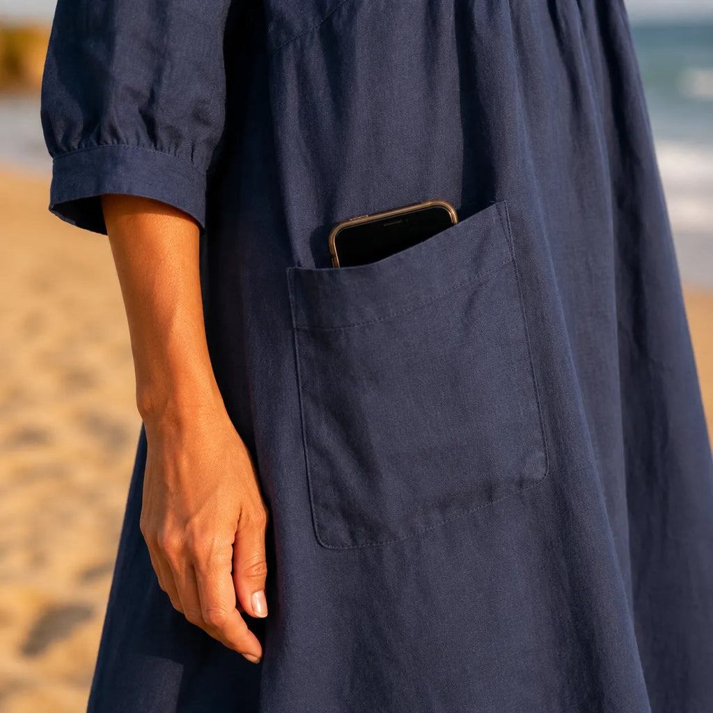 Marelle – Linen-Look Midi Dress with Three-Quarter Sleeves & Pockets