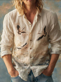 Men's Japanese Crane Retro Printed Linen And Cotton Collar Shirt