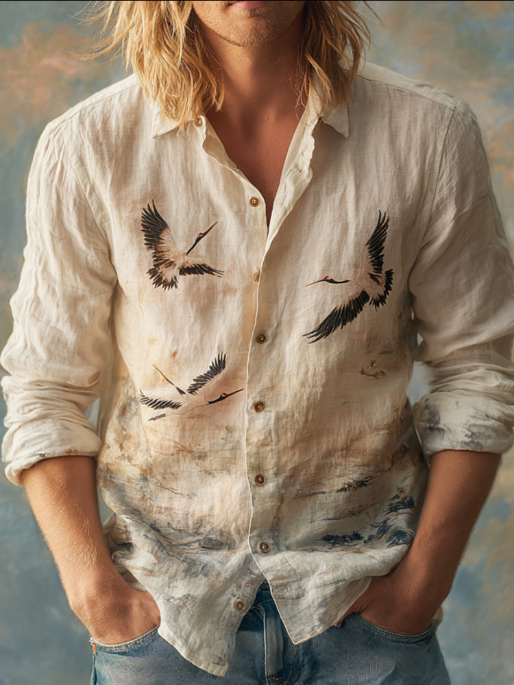 Men's Japanese Crane Retro Printed Linen And Cotton Collar Shirt