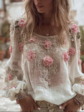 Women's Rose Flower Golden Embroidery Vintage Linen Long-sleeved Shirt