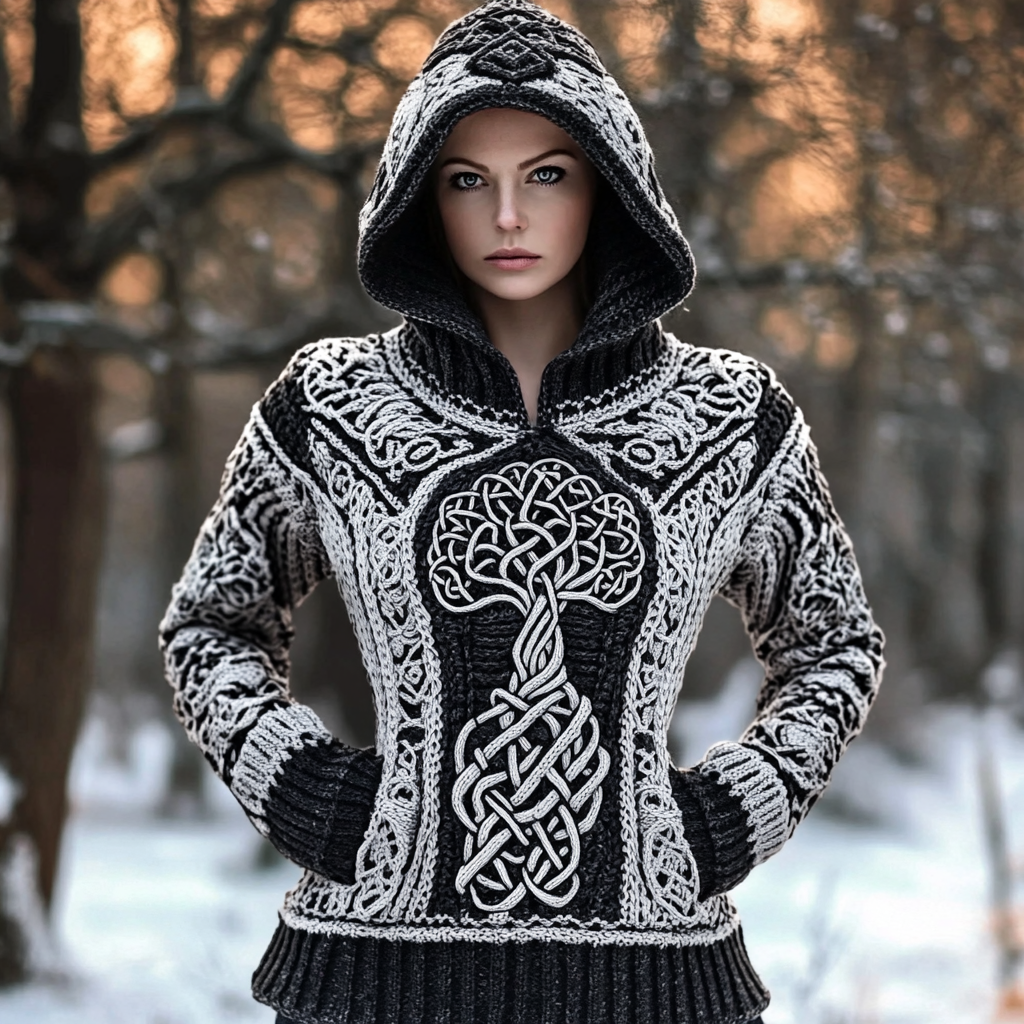 Women's Viking Tree Style Celtic Knit Warm Hooded Sweater