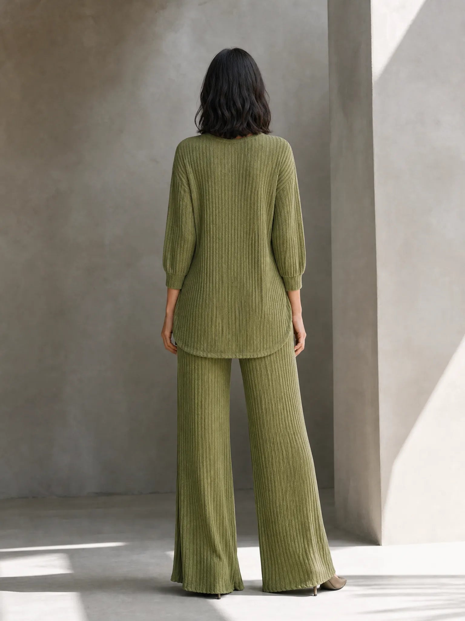 Women's Elegant Olive Green Ribbed Knit Deep V-Neck Button-Front Longline Cardigan And Wide-Leg Pants Two-Piece Set MDZ1684G9ZSQ