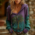 Women's Vintage Viking Tree Of Life Gradient Knit Jacquard Zipper Sweater