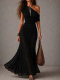 Vintage Black Asymmetrical Ruched Top Lace Mermaid Maxi Dress