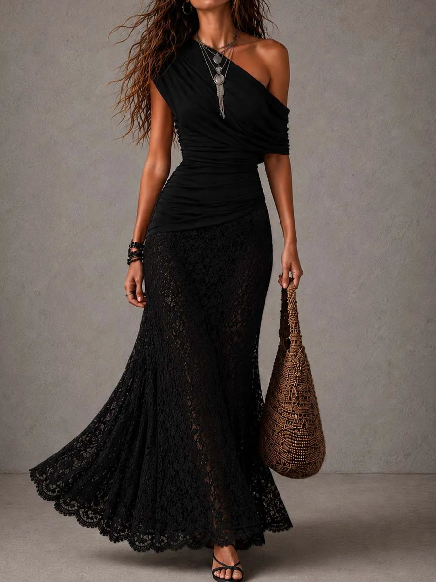 Vintage Black Asymmetrical Ruched Top Lace Mermaid Maxi Dress