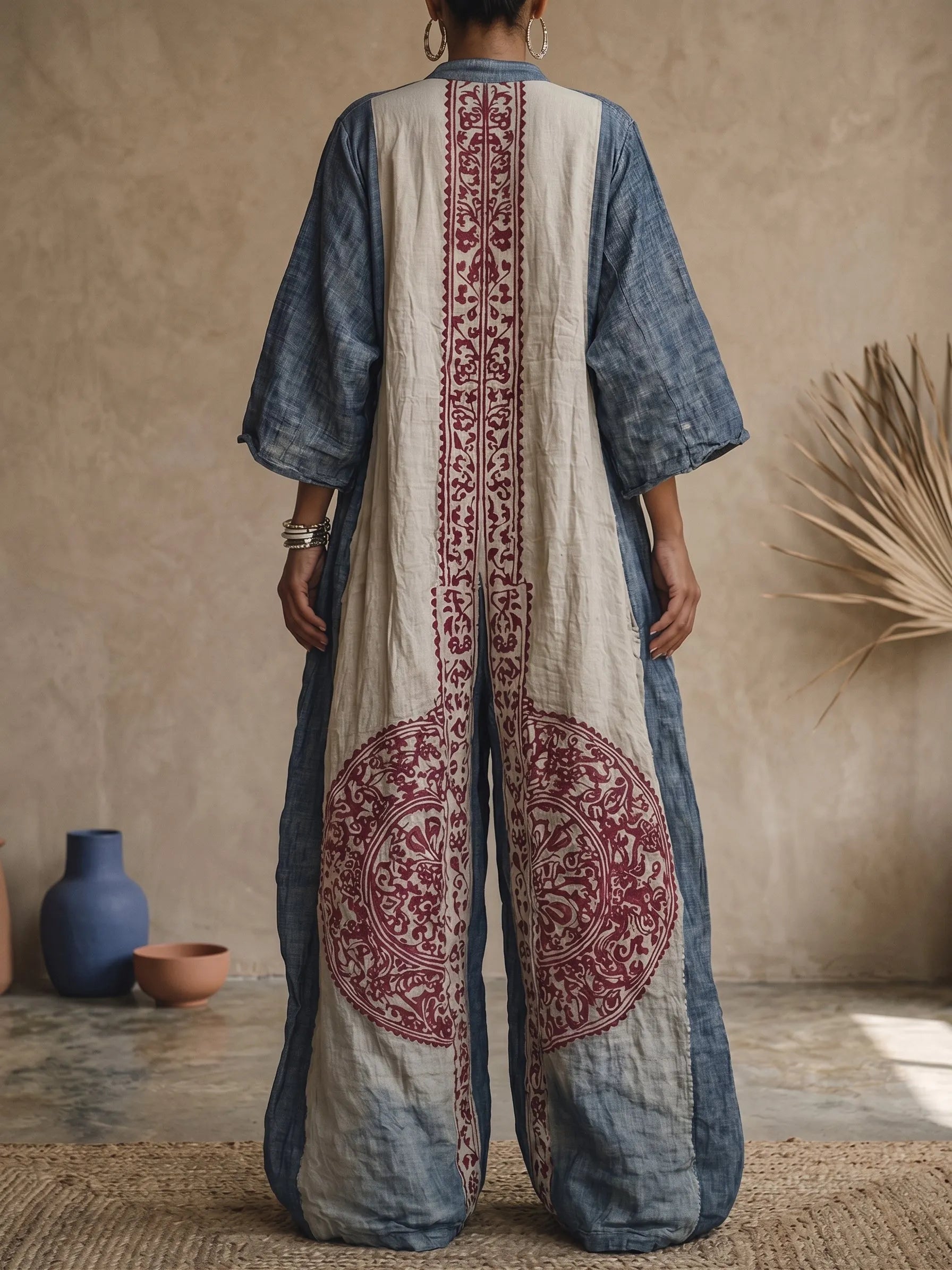 Women's Vintage Print V-neck 3/4-sleeve Cotton-linen Jumpsuit