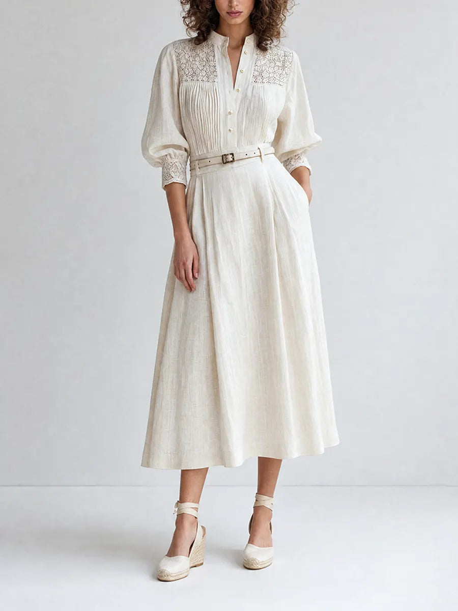Women's Elegant Vintage White Linen Lace-Trim Stand-Collar Three-Quarter Puff-Sleeve Midi Dress MDZ2102G9CMX