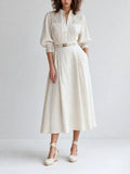 Women's Elegant Vintage White Linen Lace-Trim Stand-Collar Three-Quarter Puff-Sleeve Midi Dress MDZ2102G9CMX
