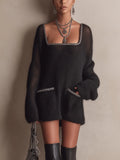 Black Oversized Knit Trim Mini Dress
