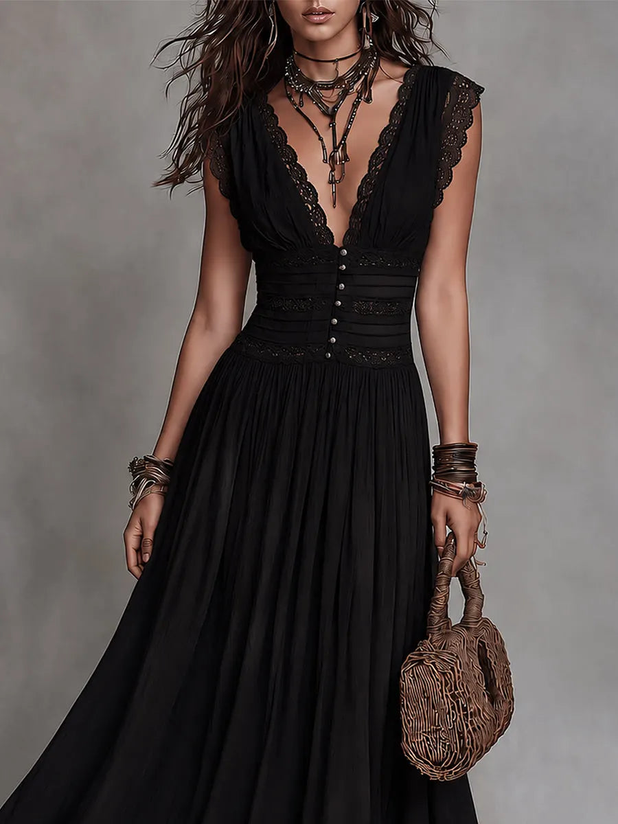 Retro Lace-Trimmed Button-Embellished Pleated Maxi Dress