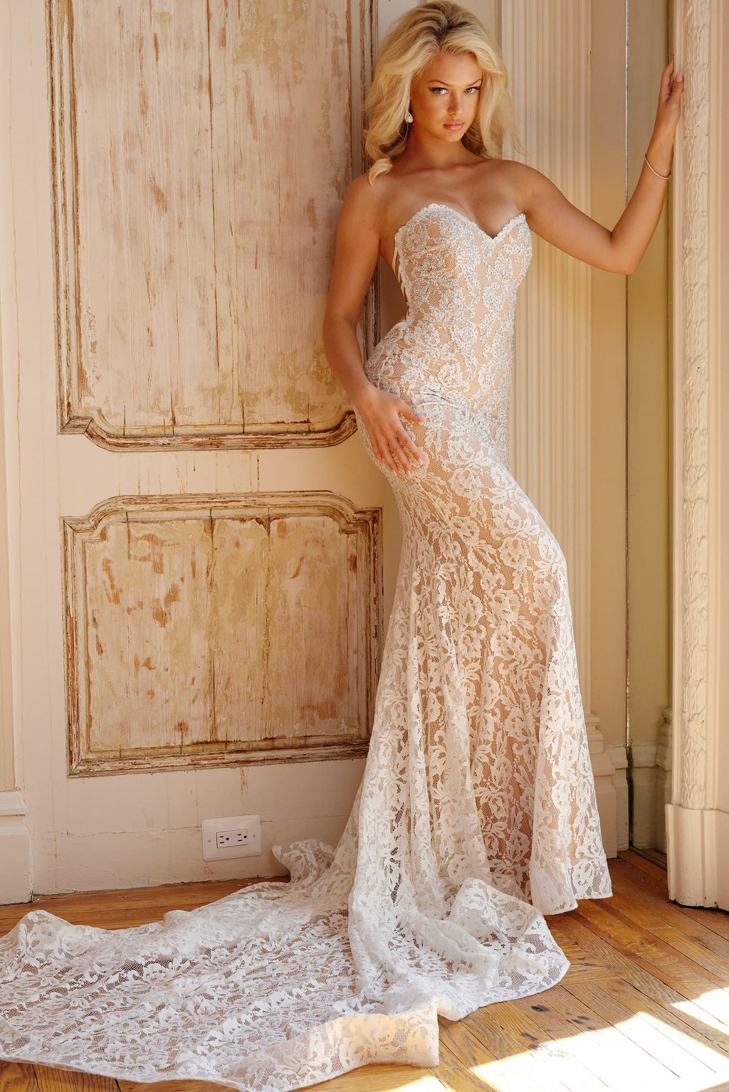 Jovani JB06588 Off white strapless lace wedding gown