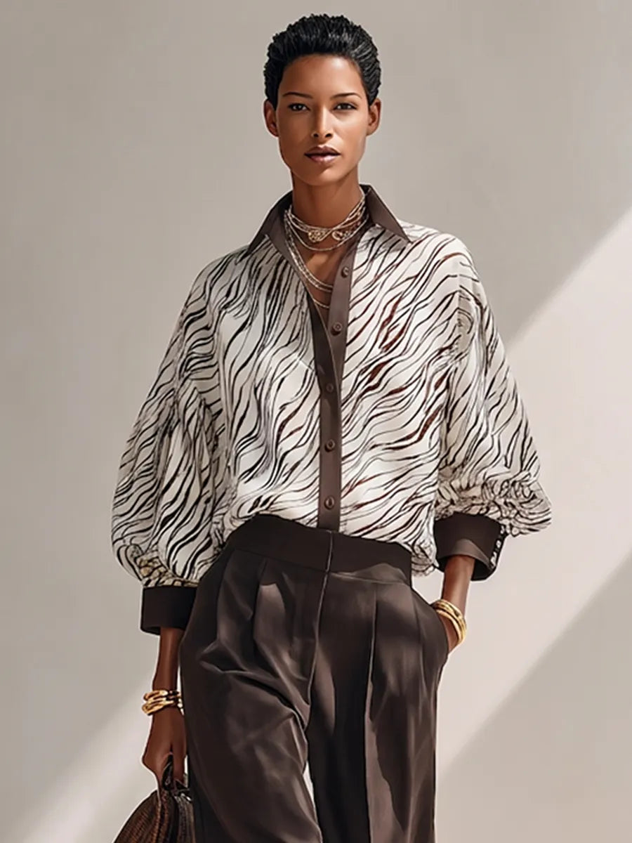 Women's Casual Zebra-Print Color-Block Long Lantern-Sleeve Shirt MDZ0645G2ZRK