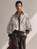 Women's Casual Zebra-Print Color-Block Long Lantern-Sleeve Shirt MDZ0645G2ZRK