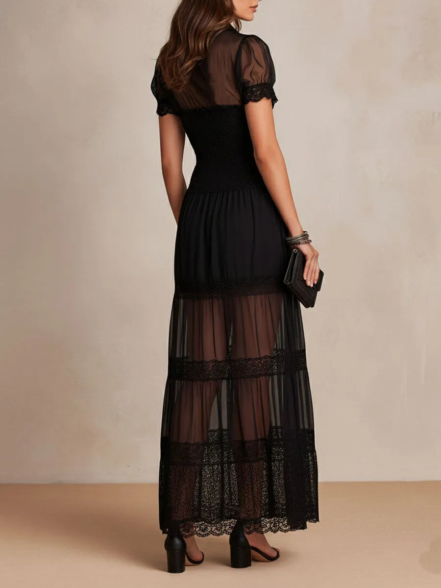 Boho Romantic Black Sheer Lace Trimmed Maxi Dress