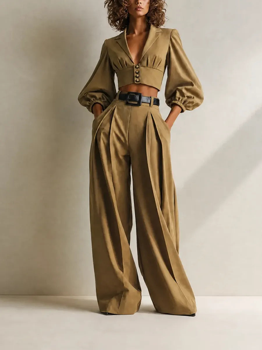 Women's Elegant Casual Dark Khaki Peak-Lapel Blouson-Sleeve Button-Front Cropped Jacket & High-Waisted Wide-Leg Trouser Set MDZ2448G8CMX