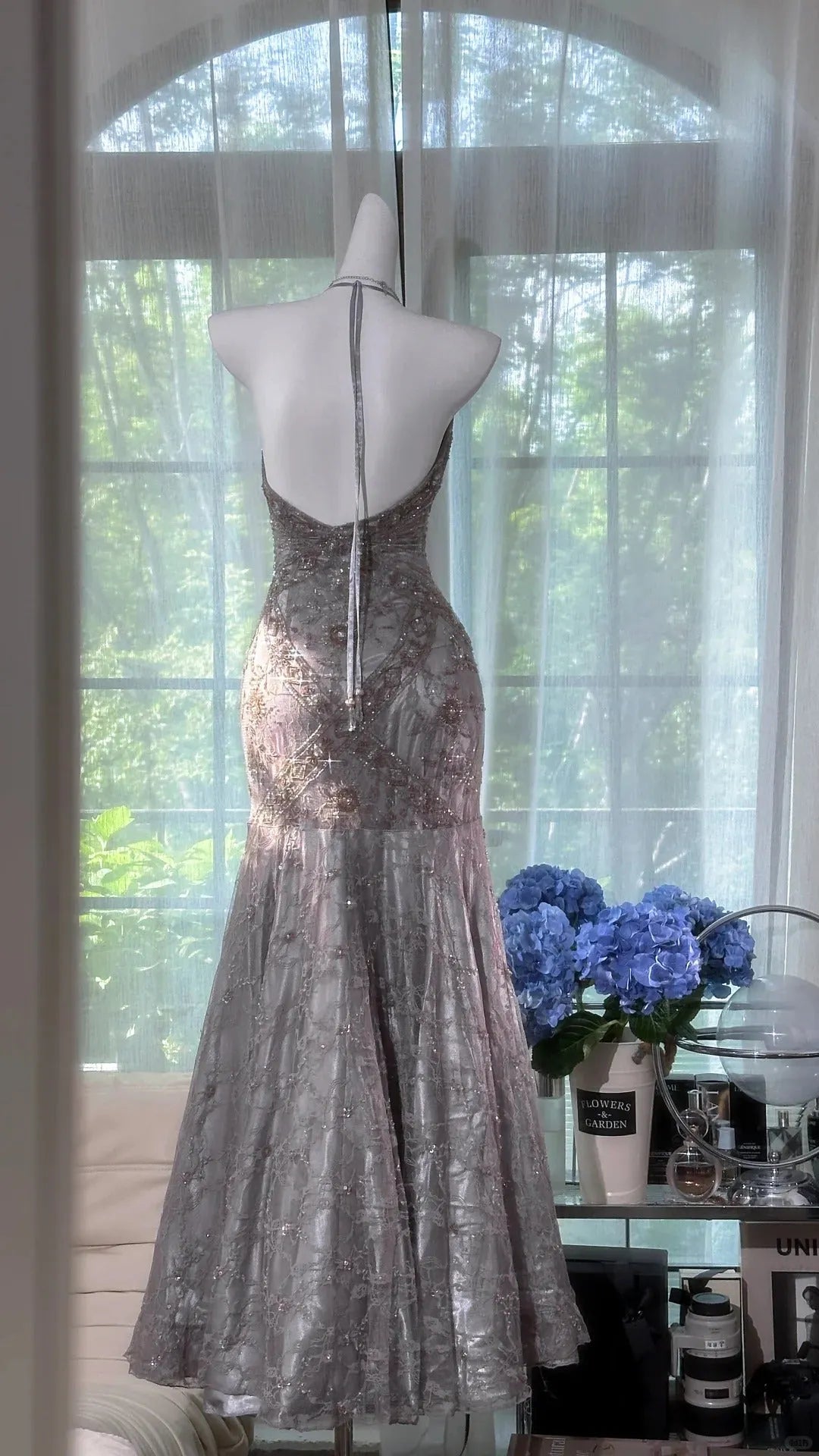 '-Silver-gray exquisite beaded long vintage lace fishtail prom dress