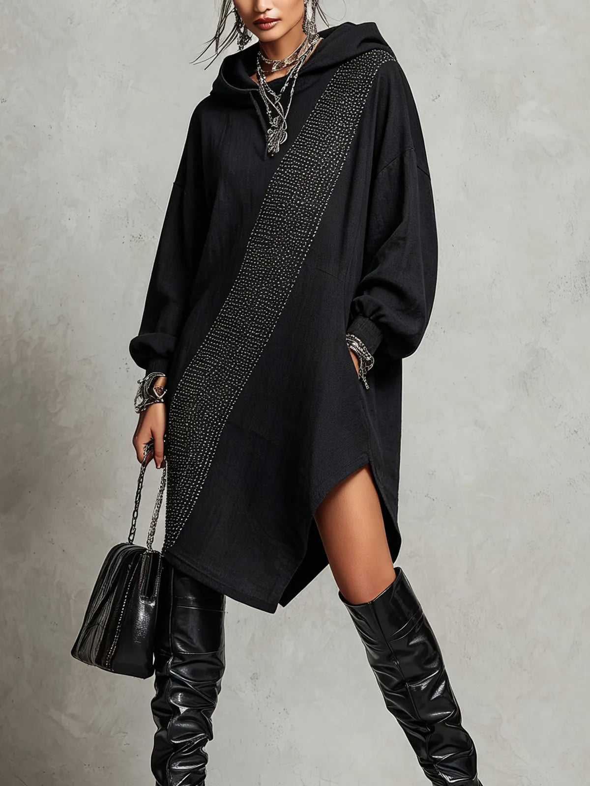 Black Hooded Asymmetrical Hem Midi Dress