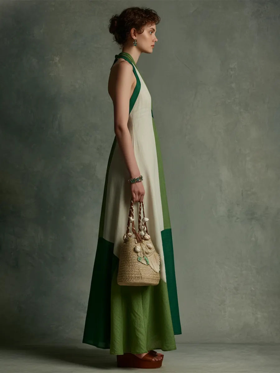 Women's Vacation Style Green And White Color-Block Linen-Cotton Halter V-Neck Waist-Tailored Maxi Dress MDZ2051E3GMJ