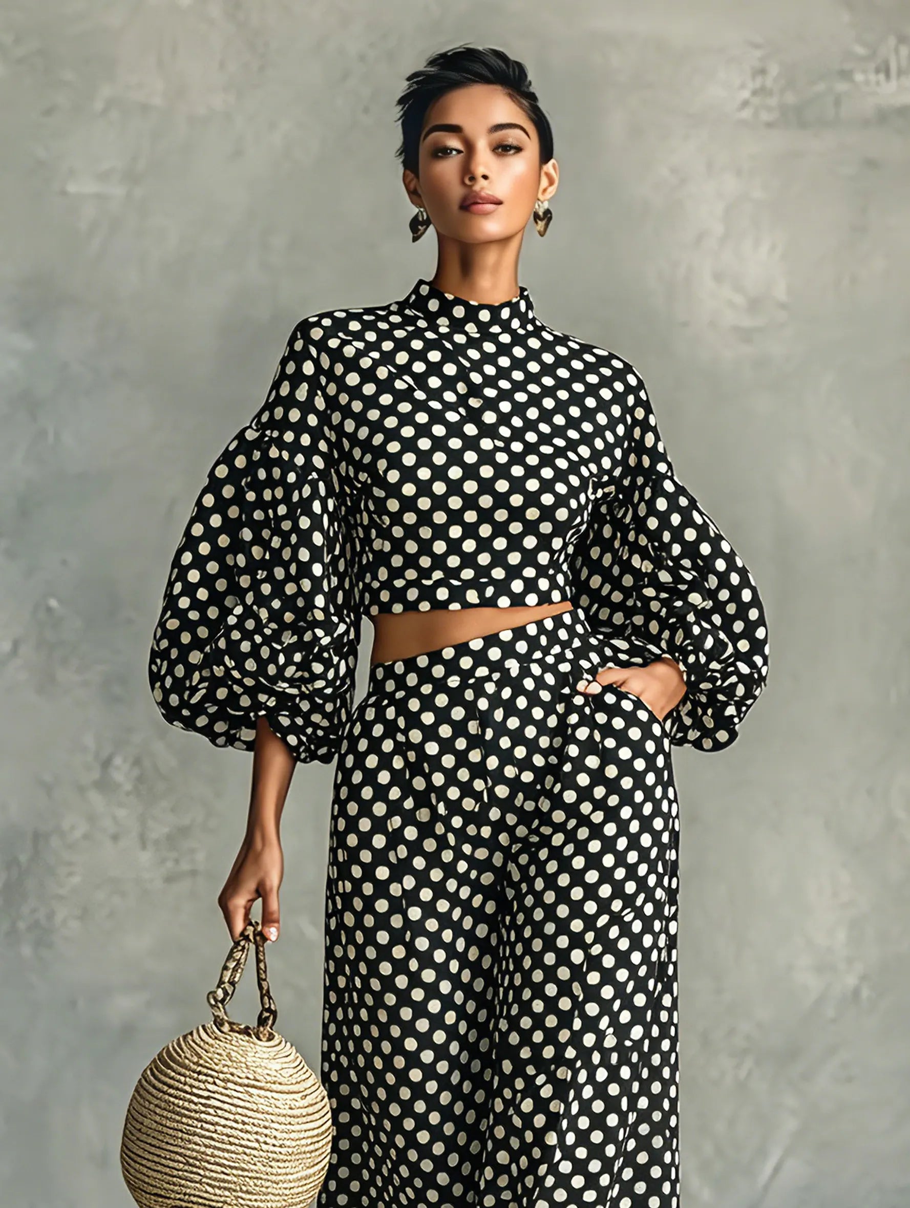 Women's Minimalist Polka-Dot Lantern-Sleeve Blouse And Wide-Leg Pants Set MDZ0967G6WY