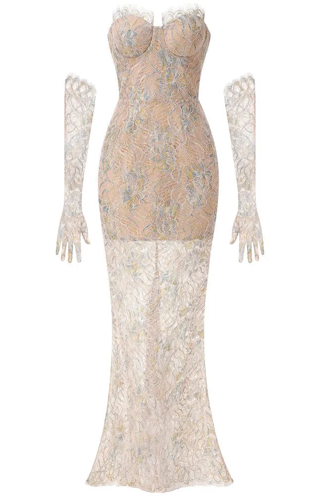 Strapless Corset Lace Maxi Dress Nude