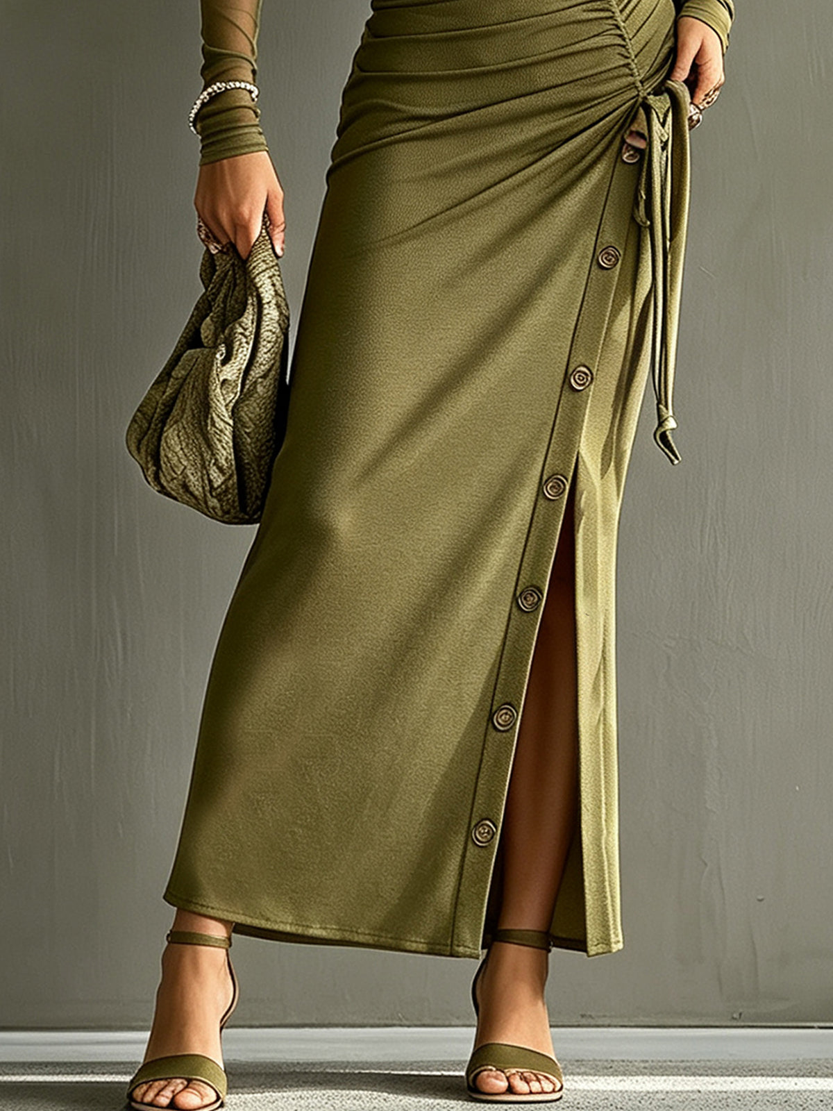 Olive One-Shoulder Ruched Maxi Dress