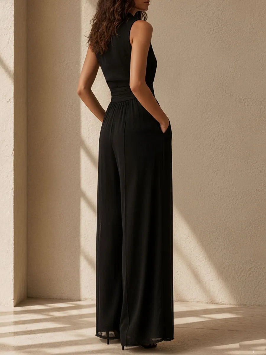 Quiet Luxury Lapel Collar Black Sleeveless Wide-Leg Jumpsuit
