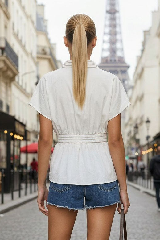 WAIST STITCH DETAIL ELASTIC BACK BLOUSE