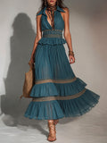 Retro Shirt-Collar Sleeveless Pleated Maxi Dress With Lace Trim