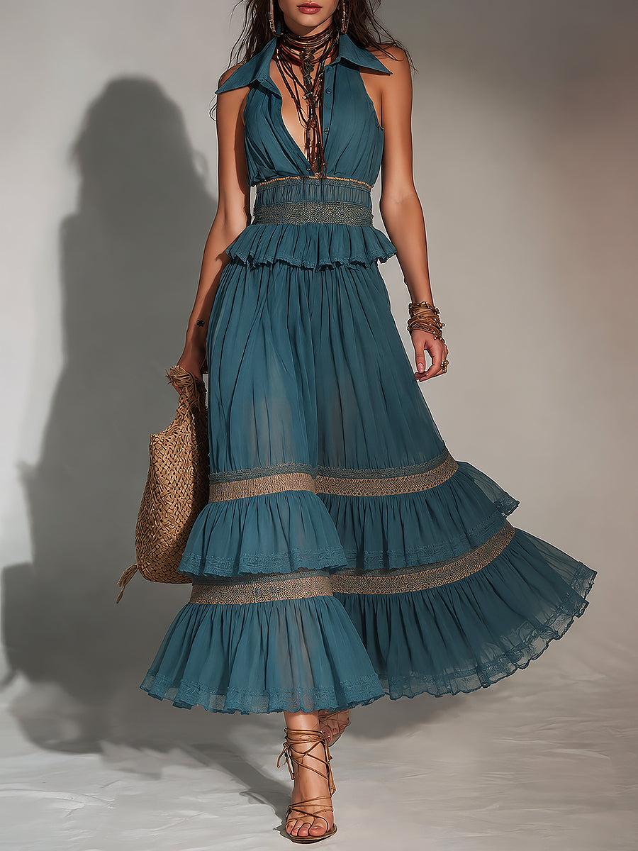 Retro Shirt-Collar Sleeveless Pleated Maxi Dress With Lace Trim