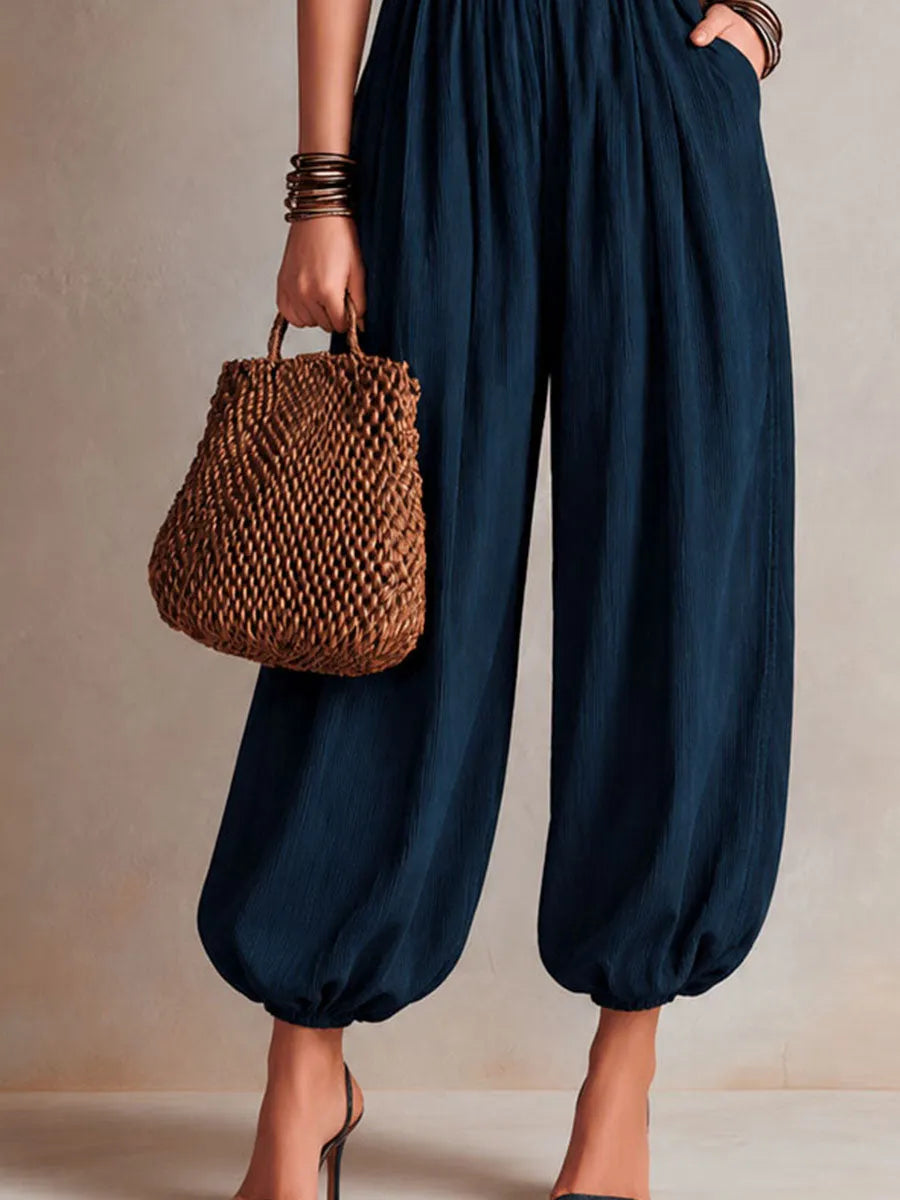 Boho Chic Navy Corset-Top Balloon Leg One-Piece Jumpsuit