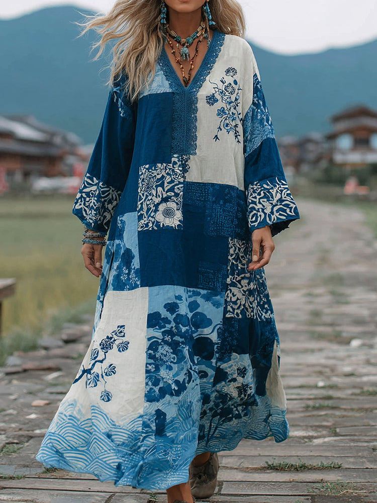 Women's Japanese Style Floral Patchwork Lace Art Linen Dress