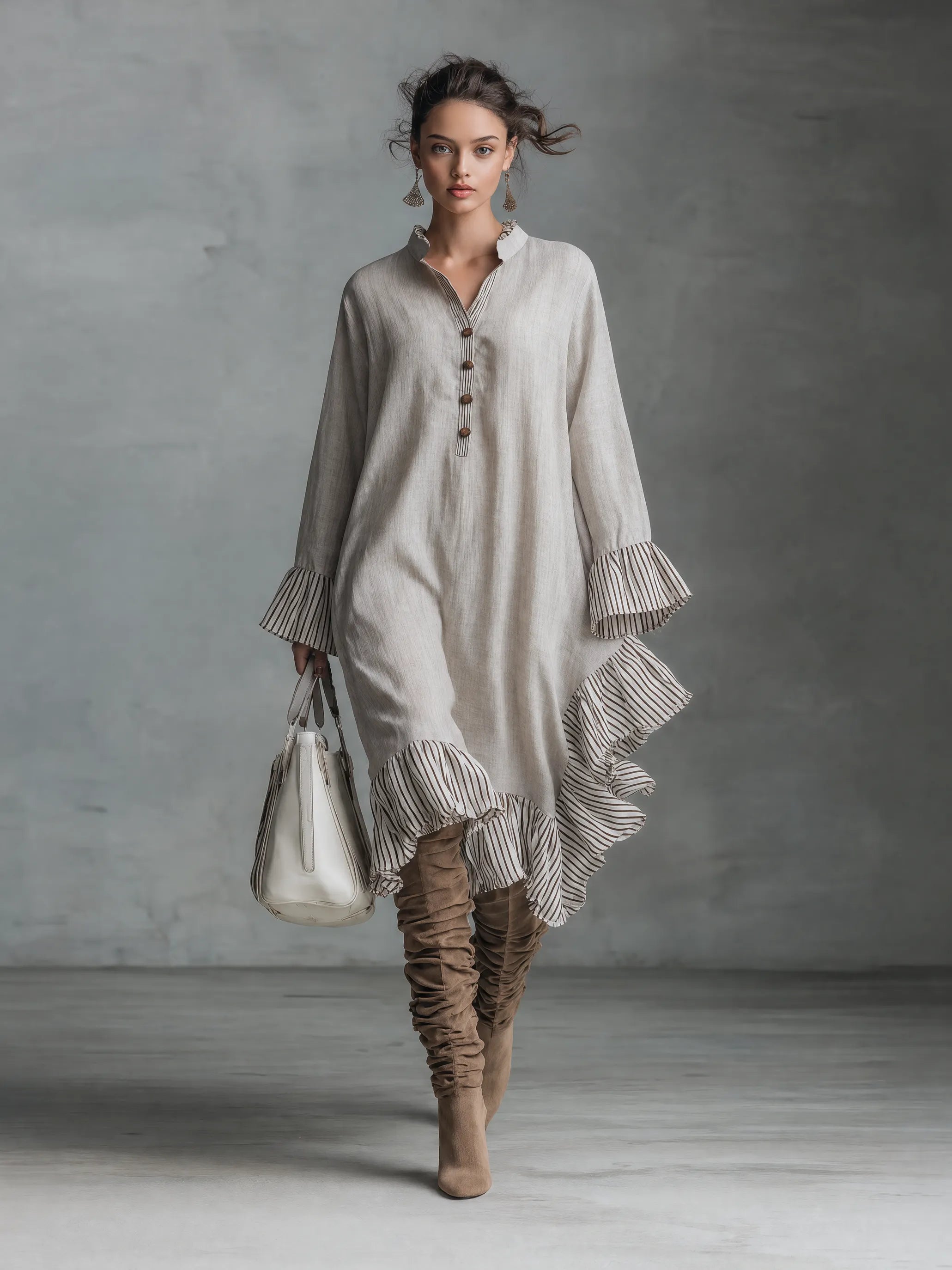 Women's Minimalist Striped Color-Block Midi Dress With Long Sleeves, Stand Collar, And Asymmetrical Hem MDZ0805G9WY