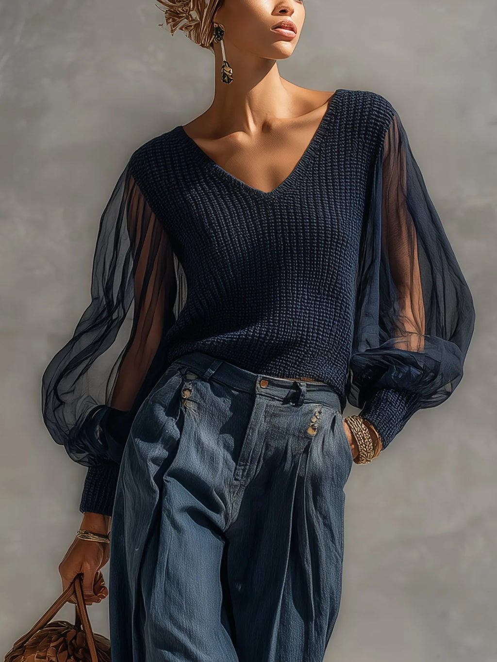 Navy Organza Patchwork Knit Top