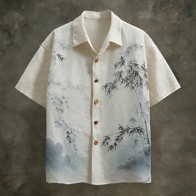 Men's Japanese-style Tie-dye Bamboo Pattern Linen Short-sleeved Shirt