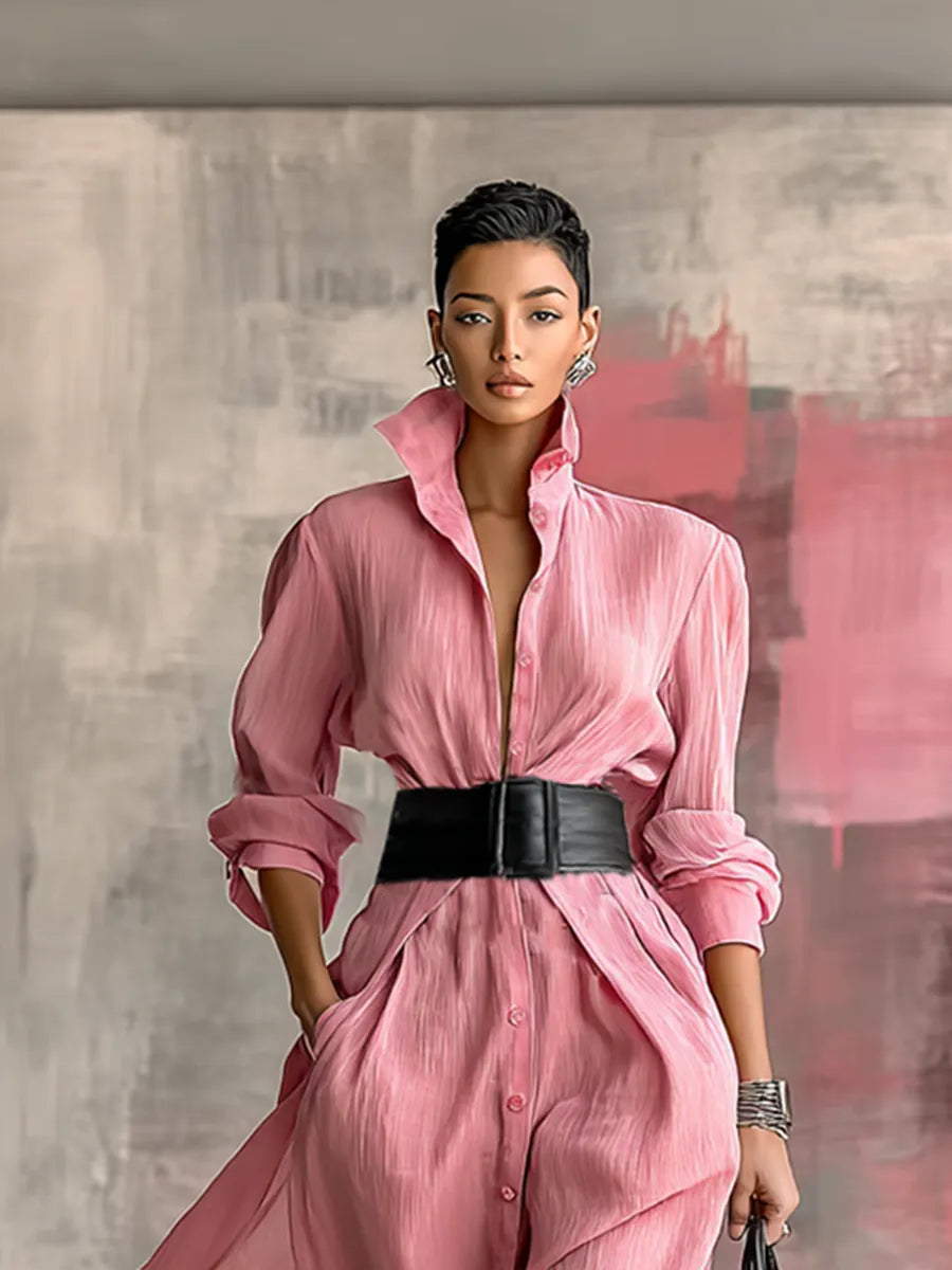 Women's Solid Color Lapel Long Sleeve Single Breasted Belt Maxi Shirt Dress MDA0917G0Y