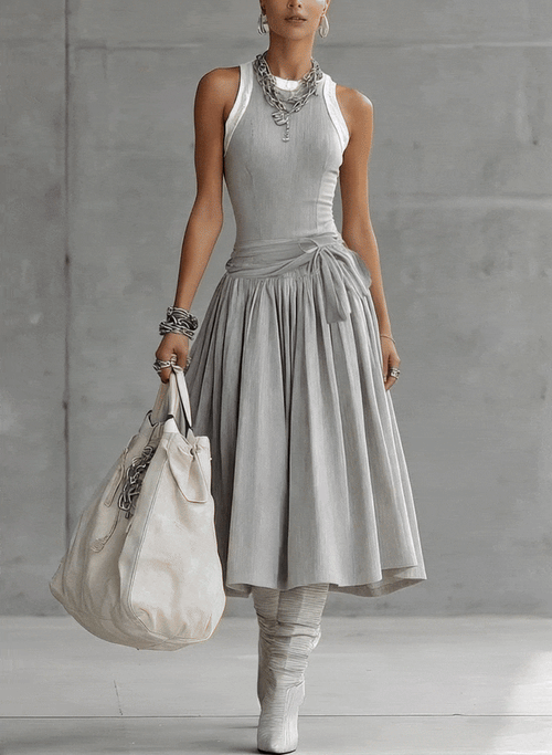 24-Hour-Shipping Gray Ribbed Tank Bodice Draped Midi Dress