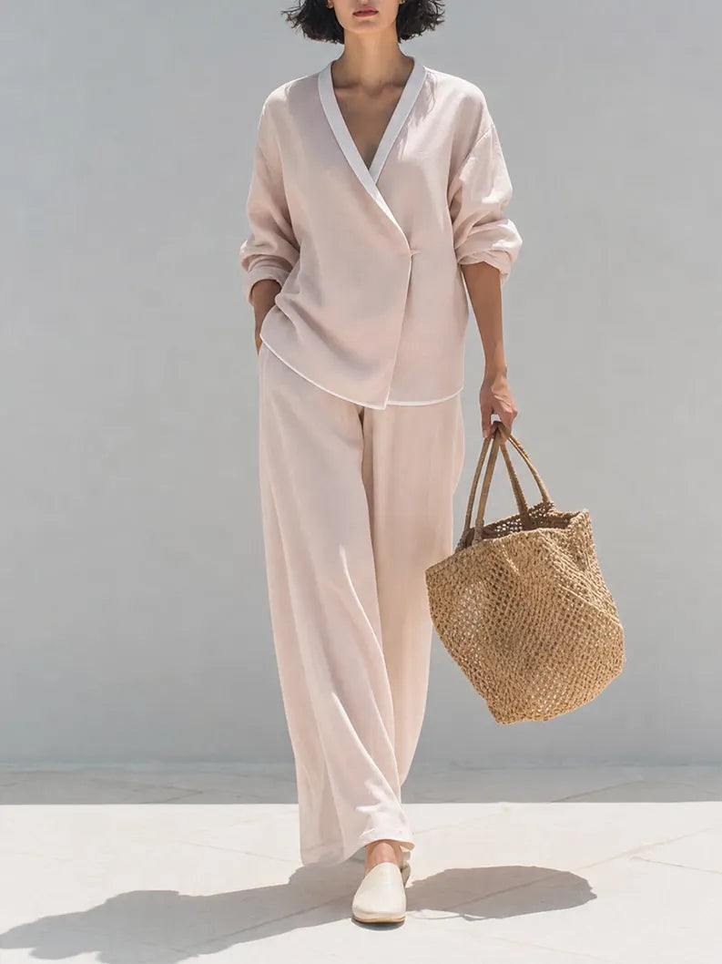 Women's Minimalist Blush Pink Viscose Blend V-Neck Contrast Trim Wrap Front Long Sleeve Top And Wide-Leg Pants Two-Piece Set MDZ1355G4ZSQ