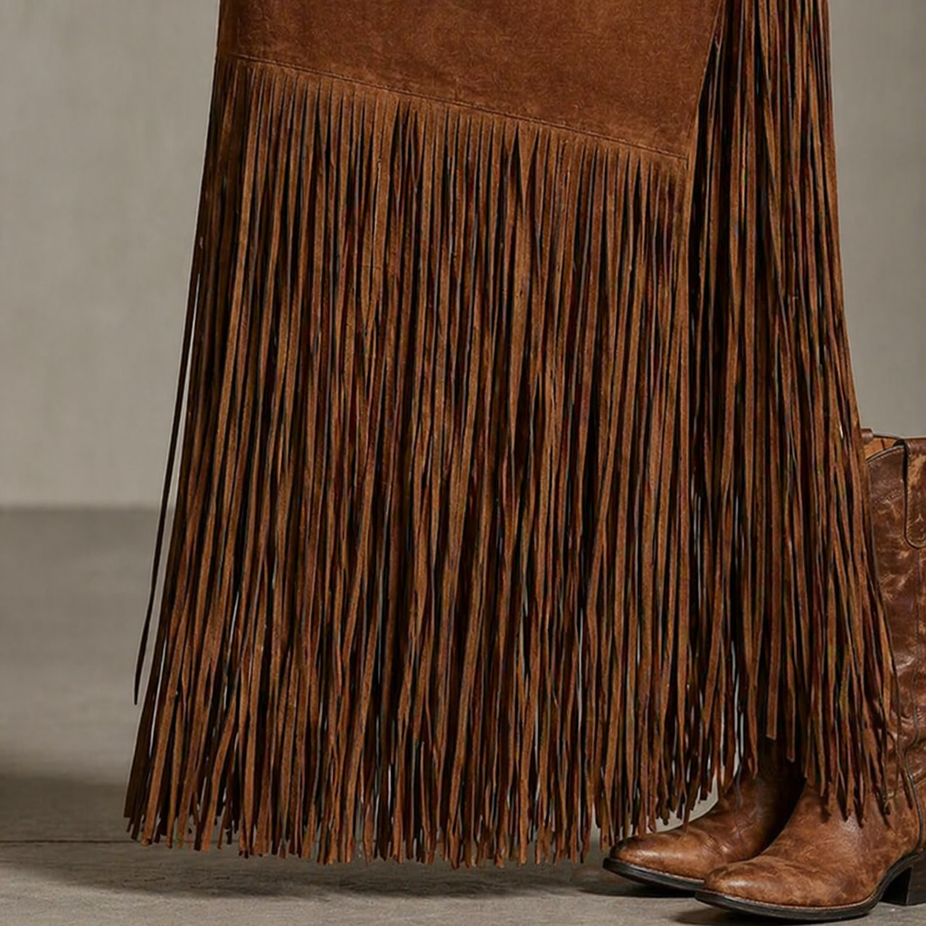 Western Faux Suede Fringe Maxi Skirt with Denim Yoke