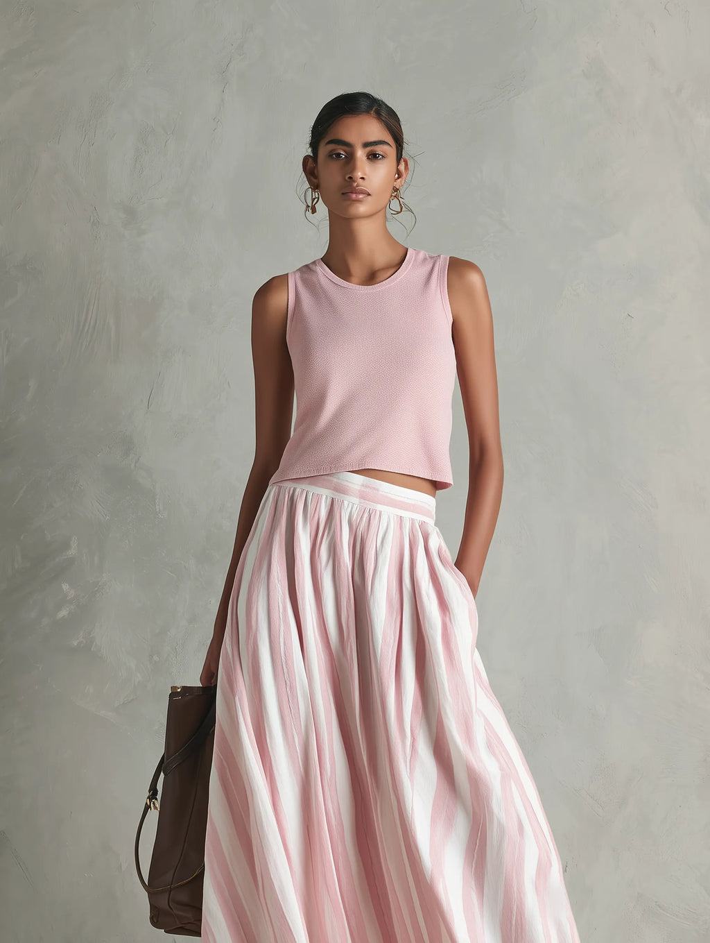 Women's Casual Pink Stretch-knit Sleeveless Round-neck Top Paired With A Woven Pink Printed Maxi Skirt MDZ0986G3LXY