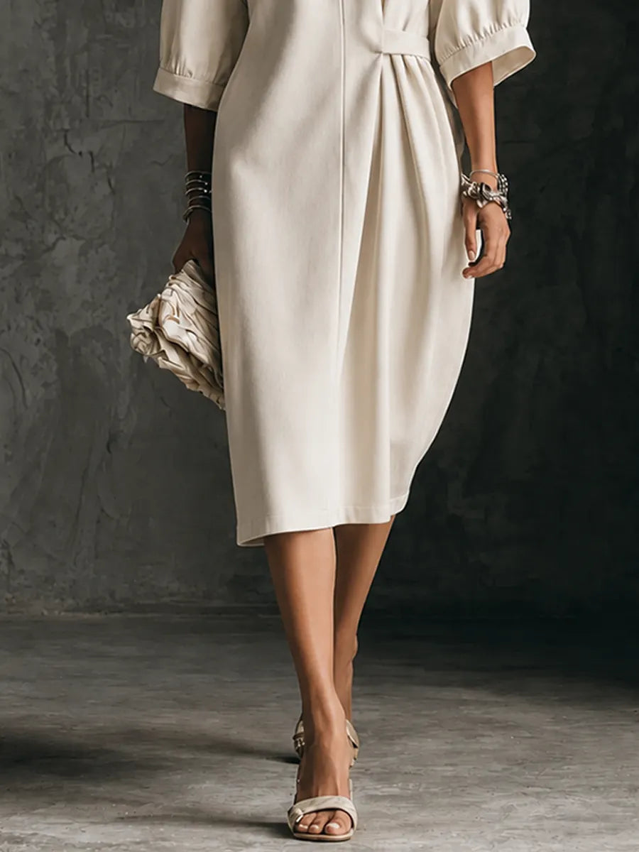 Women's Minimalist Ivory Cotton Blend Draped Waist Puff Sleeve Midi Dress MDZ1747G7GMJ