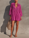 Women’s Fuchsia Cotton-linen Blend Ruffle Collar Half Button Bubble Long Sleeve Gathered Waist Loose Mini Shirt Dress MDZ0728G5YZJ