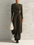 Olive Green Draped Asymmetrical Maxi Dress